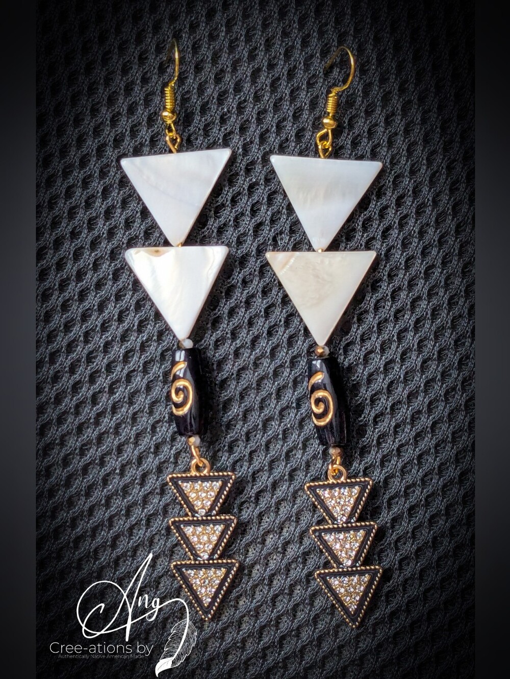 Elegant Tribal White Shell Triangle & Black Gold Rhinestone Triangle Earrings